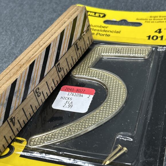 Vintage Stanley House Number 5 Brass Finish 4" Metal Sign NOS Packaged 2002 USA - Picture 3 of 5